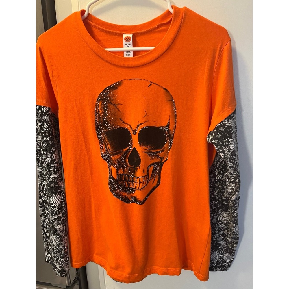 Bedazzled Skull Tshirt with faux lace long sleeves!  Be Festive on HallHalloween